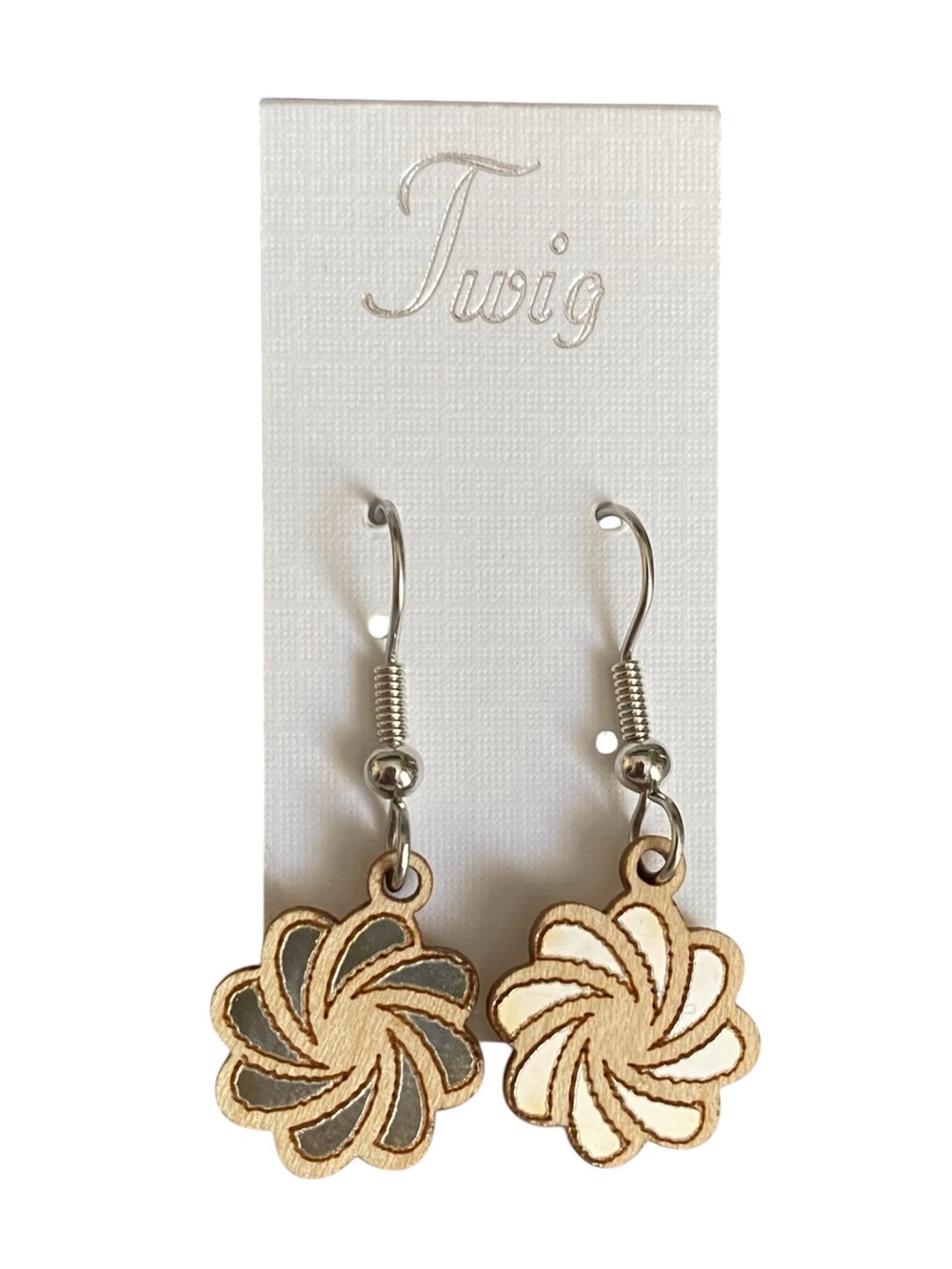 Natural Wood & Silver Swirl Hook Earrings From Hawaii